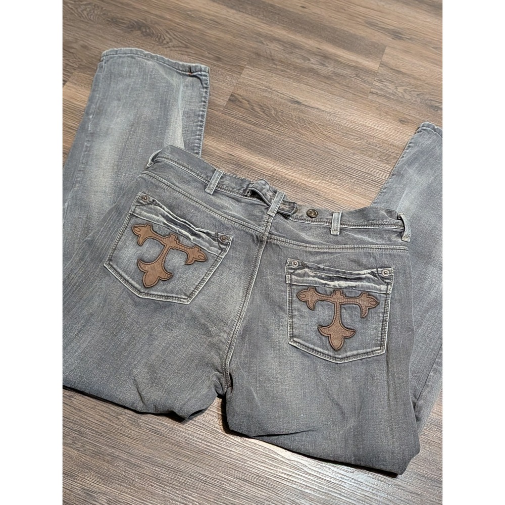 DKNY Soho Straight Jeans Mens 36x30 Gray Wash Faded Cross Patch Back Pockets